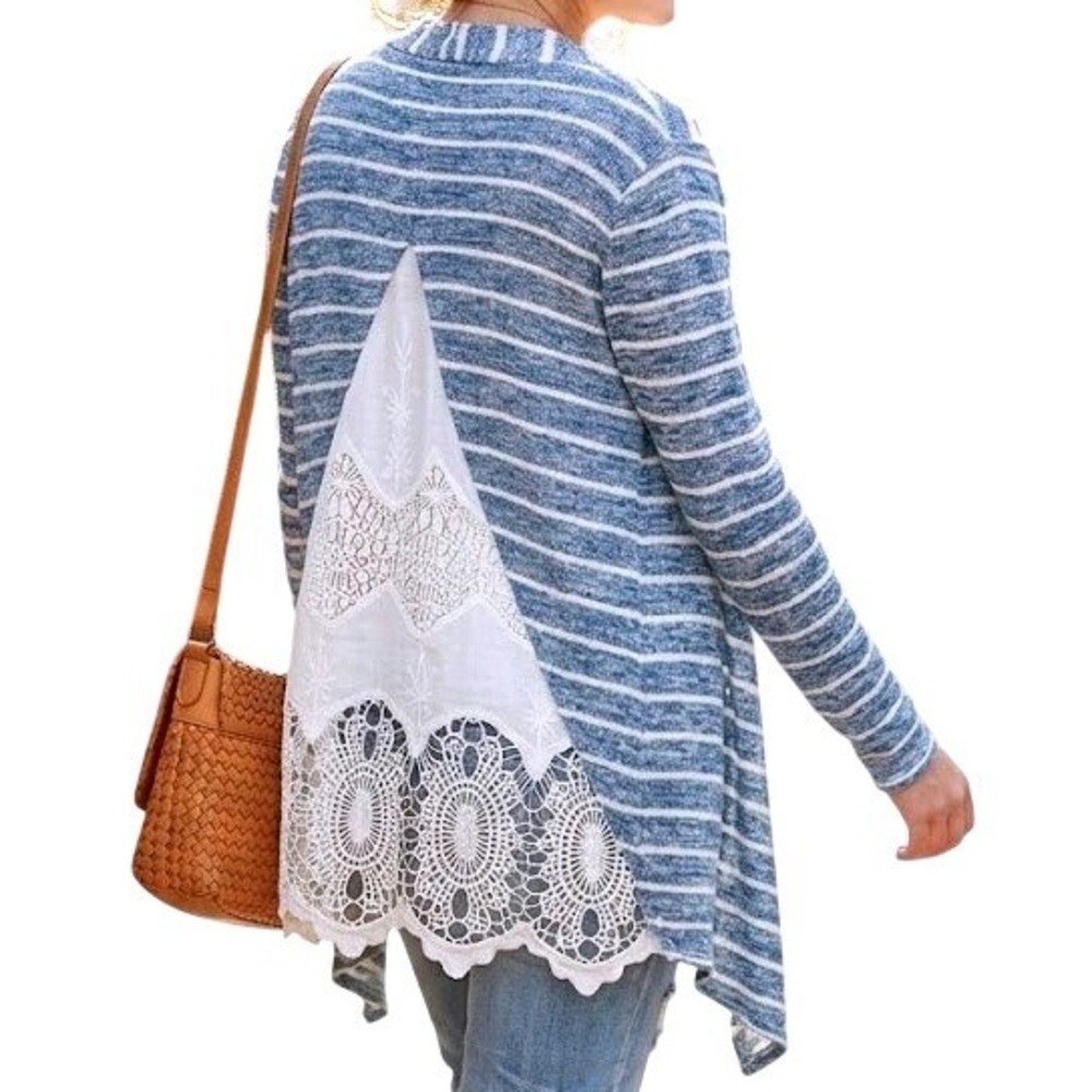 Areve Blue White Striped Open Front Cardigan Lace Crochet Back Women